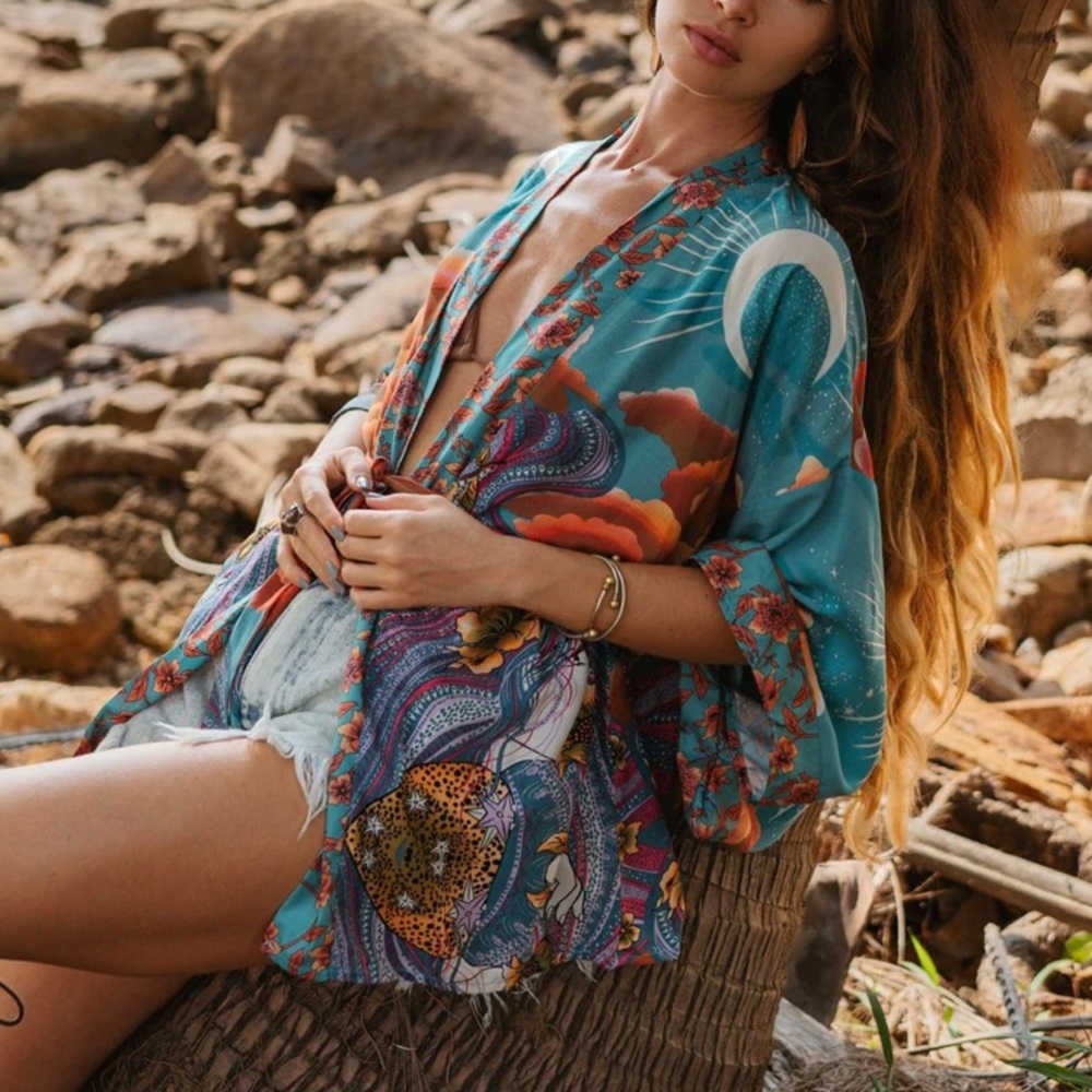 New Gorgeous Bohemian Mixed Floral Print Kimono Cardigan Jacket Robe - Picture 4 of 13
